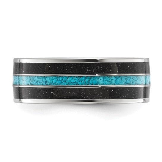 Titanium Turquoise and Black Star Sandstone Inlay 8mm Band- Sparkle & Jade-SparkleAndJade.com 