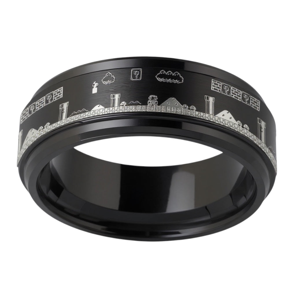 Thorsten Spinning Engraved Super Mario Bros Pixel Level Game Black Tungsten Carbide Spinner Band - 8mm- Sparkle & Jade-SparkleAndJade.com 