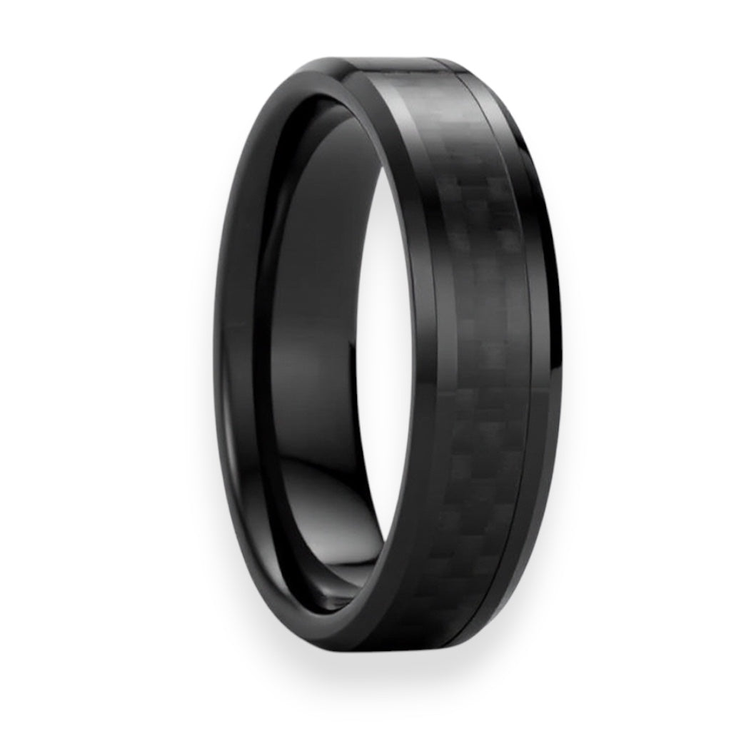 Thorsten OXYN Black Titanium Polished Beveled Edges Black Carbon Fiber Inlaid Wedding Band - 8mm or 6mm - OXYN- Sparkle & Jade-SparkleAndJade.com 