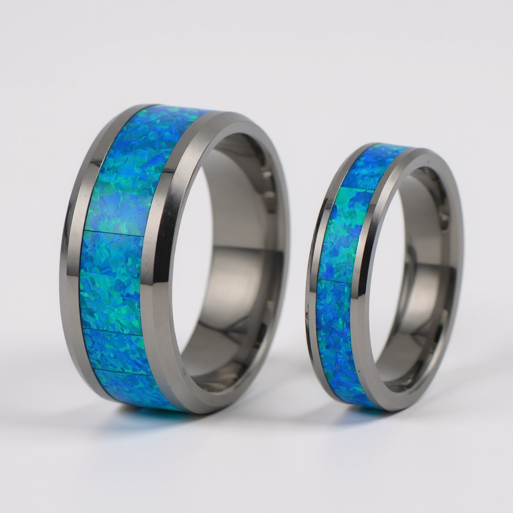 Thorsten QUASAR Tungsten Wedding Band with Blue Green Opal Inlay - 4mm - 10mm- Sparkle & Jade-SparkleAndJade.com 