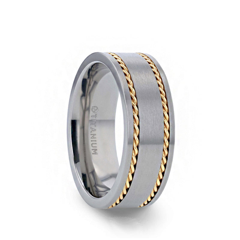 Titanium Brushed Finish Flat Men's Wedding Ring With 14K Yellow Gold Dual Braided Inlay - 8mm - FERDINAND- Sparkle & Jade-SparkleAndJade.com 