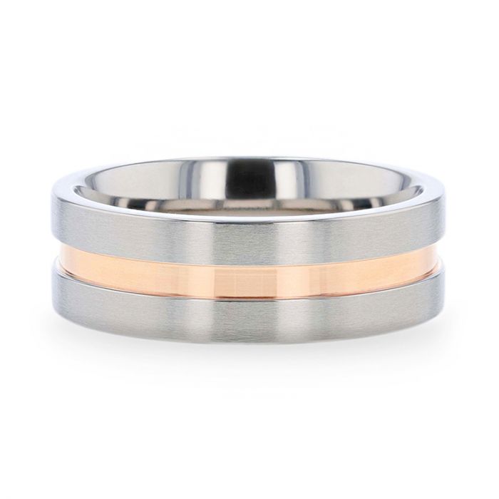 Titanium Flat Brushed Finished Men's Wedding Ring With Rose Gold Plated Groove Center - 8mm - MARS- Sparkle & Jade-SparkleAndJade.com 