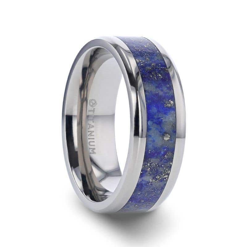Titanium Men's Wedding Ring with Blue Lapis Inlay & Beveled Edges - 8mm- Sparkle & Jade-SparkleAndJade.com 