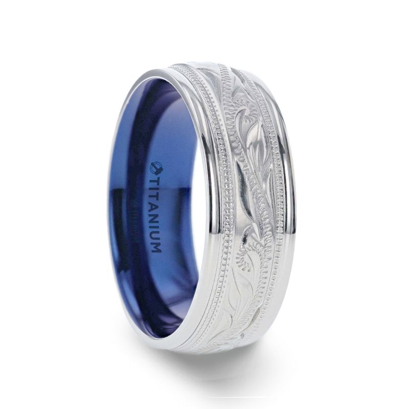 Titanium Milgrain Engraved Finish Men's Wedding Ring with Blue Plating Inside- 8mm - MARINER- Sparkle & Jade-SparkleAndJade.com 