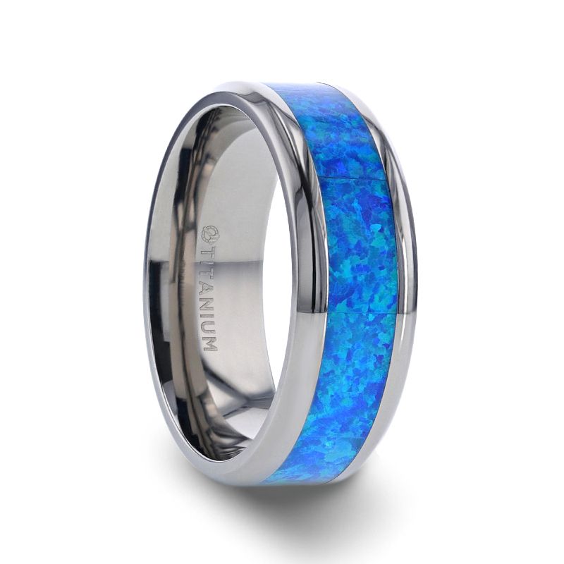 Titanium Polished Beveled Edge with Blue Green Opal Inlay Ring- 8 mm - GALAXY- Sparkle & Jade-SparkleAndJade.com 