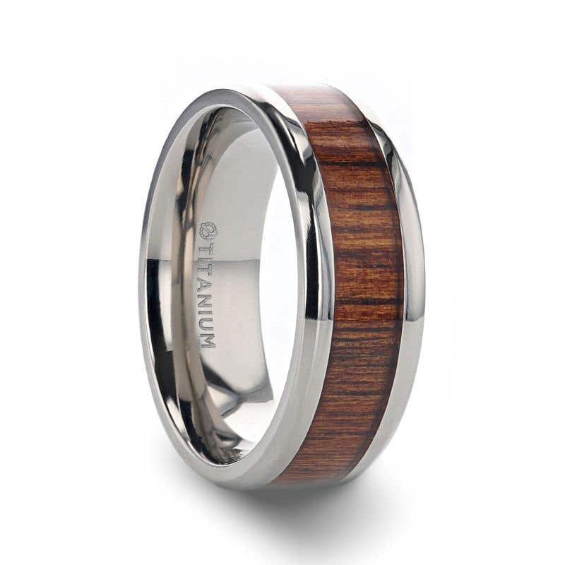 Titanium Polished Finish Koa Wood Inlaid Men’s Wedding Ring with Beveled Edges - 6mm & 8mm - Koan- Sparkle & Jade-SparkleAndJade.com 