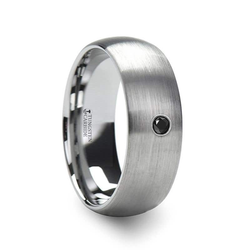 Tungsten Carbide Brushed Finish Domed Ring with Black Diamond - 6mm & 8mm - PERSEID- Sparkle & Jade-SparkleAndJade.com 