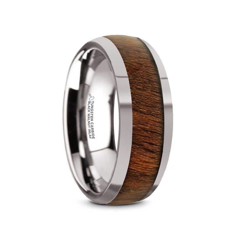 Tungsten Carbide Polished Finish Men’s Domed Wedding Ring with Exotic Black Walnut Wood Inlay - 8mm - Jugulan- Sparkle & Jade-SparkleAndJade.com 