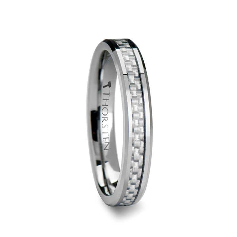 Thorsten ULTIMUS Tungsten Carbide Ring with Beveled White Carbon Fiber Inlay - 4mm - 12mm- Sparkle & Jade-SparkleAndJade.com W335-WCFT