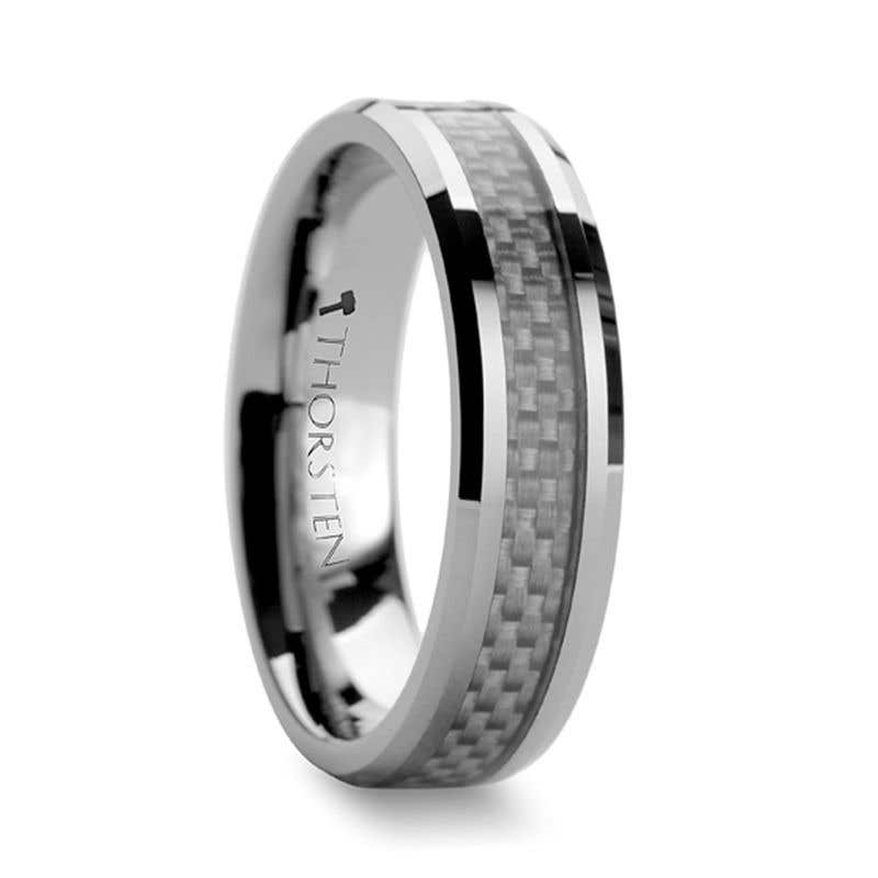 Thorsten ULTIMUS Tungsten Carbide Ring with Beveled White Carbon Fiber Inlay - 4mm - 12mm- Sparkle & Jade-SparkleAndJade.com W335-WCFT