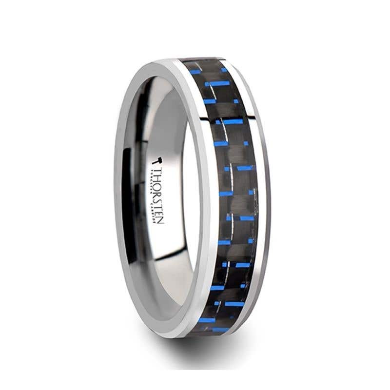 Tungsten Carbide Ring with Black & Blue Carbon Fiber Inlay - 6mm - 10mm - Auxilius- Sparkle & Jade-SparkleAndJade.com W559-BBCF