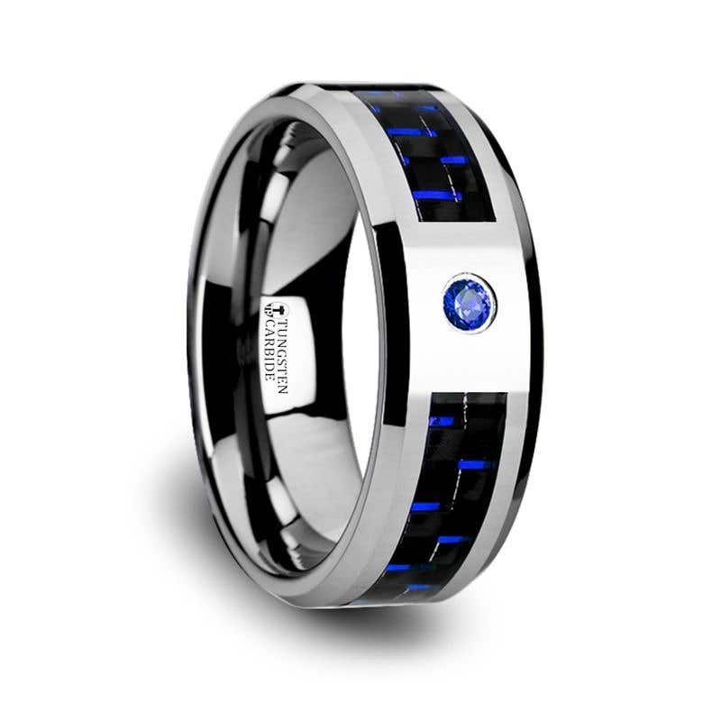 Tungsten Carbide Ring with Black and Blue Carbon Fiber and Blue Sapphire Setting with Bevels - 8mm - NEPTUNE- Sparkle & Jade-SparkleAndJade.com 