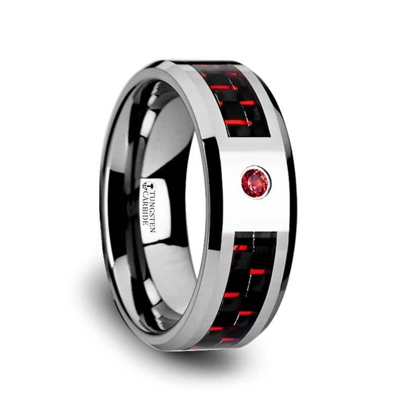 Tungsten Carbide Ring with Black and Red Carbon Fiber and Red Ruby Setting with Bevels - 8mm - ADRIAN- Sparkle & Jade-SparkleAndJade.com 