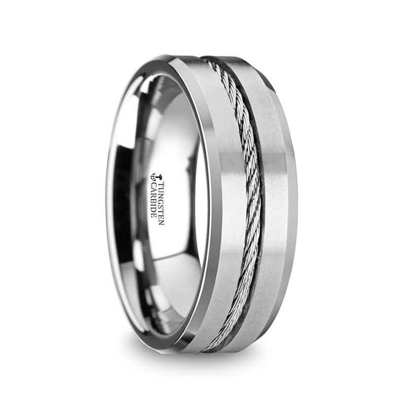 Tungsten Flat Wedding Band with Steel Wire Cable Inlay & Beveled Edges - 8mm - Lannister- Sparkle & Jade-SparkleAndJade.com 