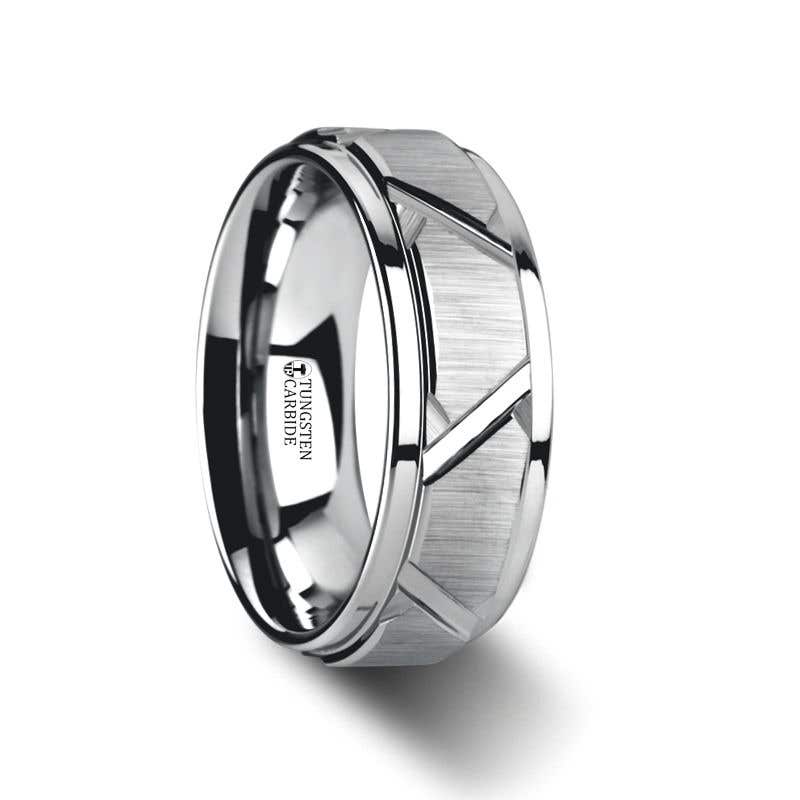 Thorsten VESTIGE Tungsten Ring with Triangle Angle Grooves and Raised Center - 8mm- Sparkle & Jade-SparkleAndJade.com 