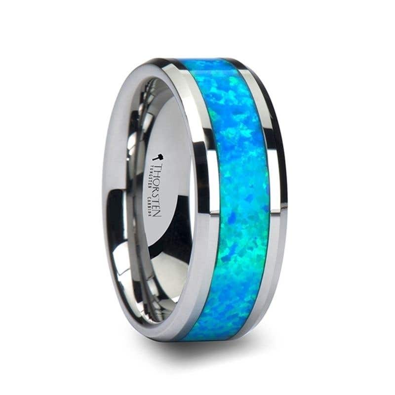 Tungsten Wedding Band with Blue Green Opal Inlay - 4mm - 10mm - Quasar- Sparkle & Jade-SparkleAndJade.com W758-TBGO