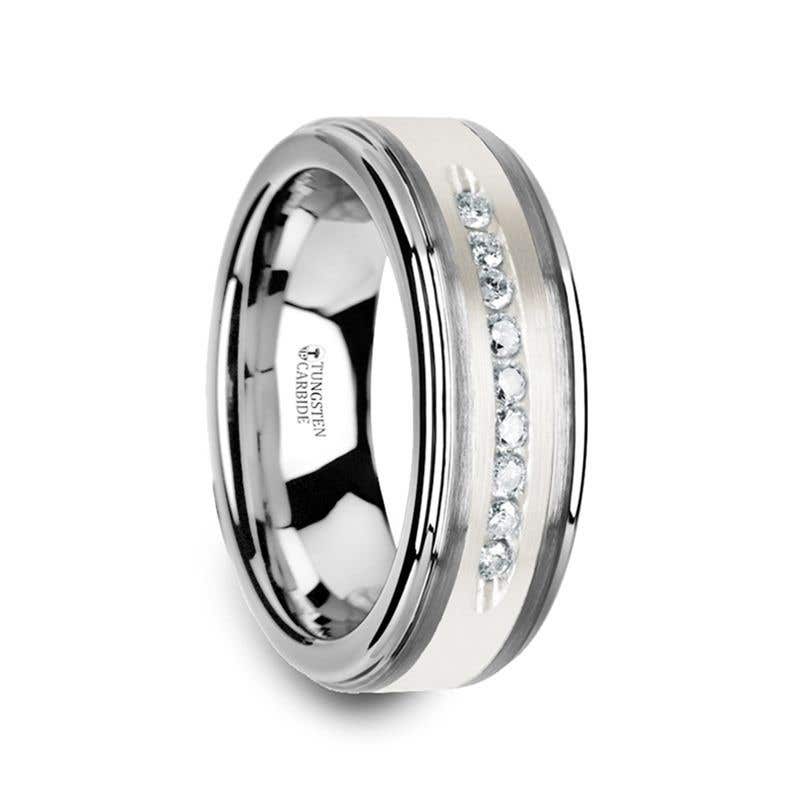 Tungsten Wedding Band with Raised Center & Brushed Silver Inlay and 9 Channel Set White Diamonds - 8mm - HARPER- Sparkle & Jade-SparkleAndJade.com 