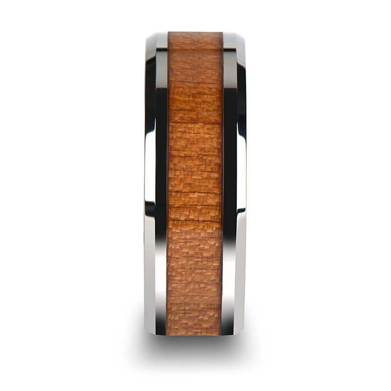 Tungsten Wedding Ring with Polished Bevels and American Cherry Wood Inlay - 6mm - 10mm - Brunswick- Sparkle & Jade-SparkleAndJade.com 