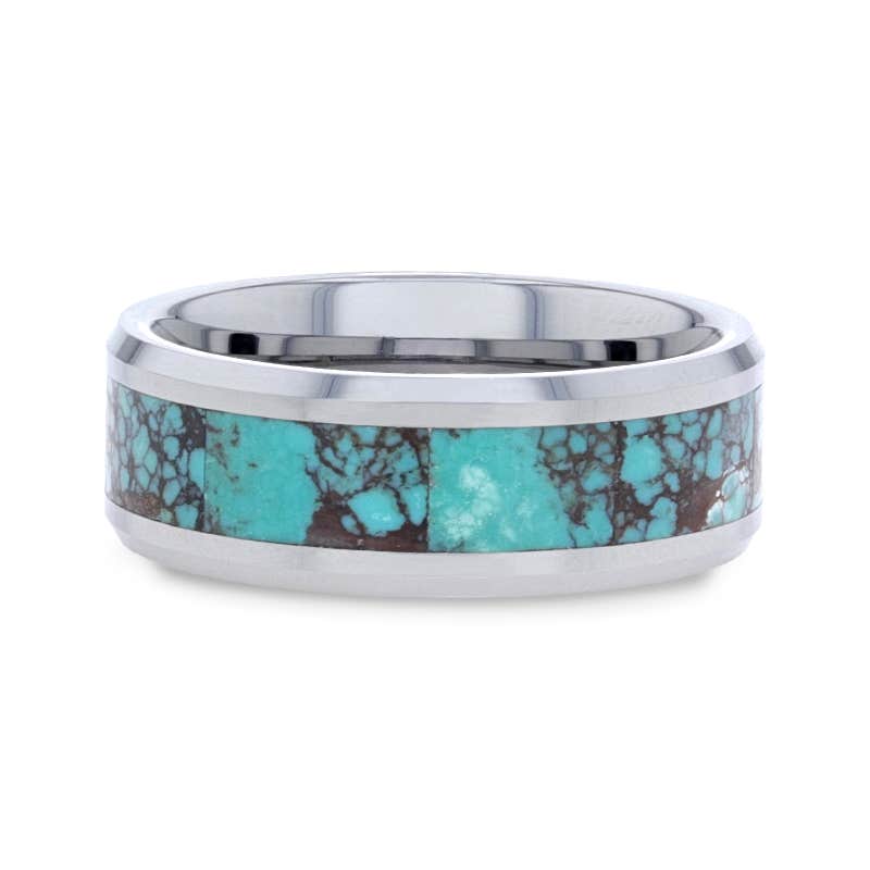 Turquoise Spider Web Inlay Tungsten Carbide ring with Beveled Polished Edges - 8mm - Turkis- Sparkle & Jade-SparkleAndJade.com 
