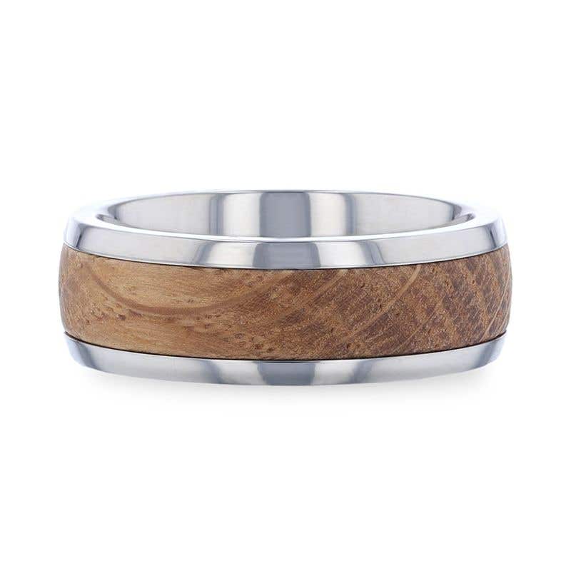 Whiskey Barrel Wood Inlaid Titanium Men's Wedding Band With Domed Polished Edges Made From Genuine Whiskey Barrels - 8mm - Stave- Sparkle & Jade-SparkleAndJade.com 