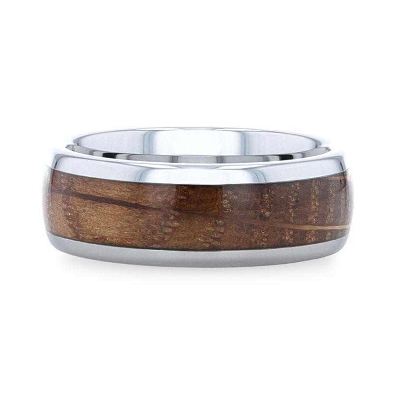 Whiskey Barrel Wood Inlaid Tungsten Men's Wedding Band With Domed Polished Edges Made From Genuine Whiskey Barrels - 8mm - FORMENT- Sparkle & Jade-SparkleAndJade.com 