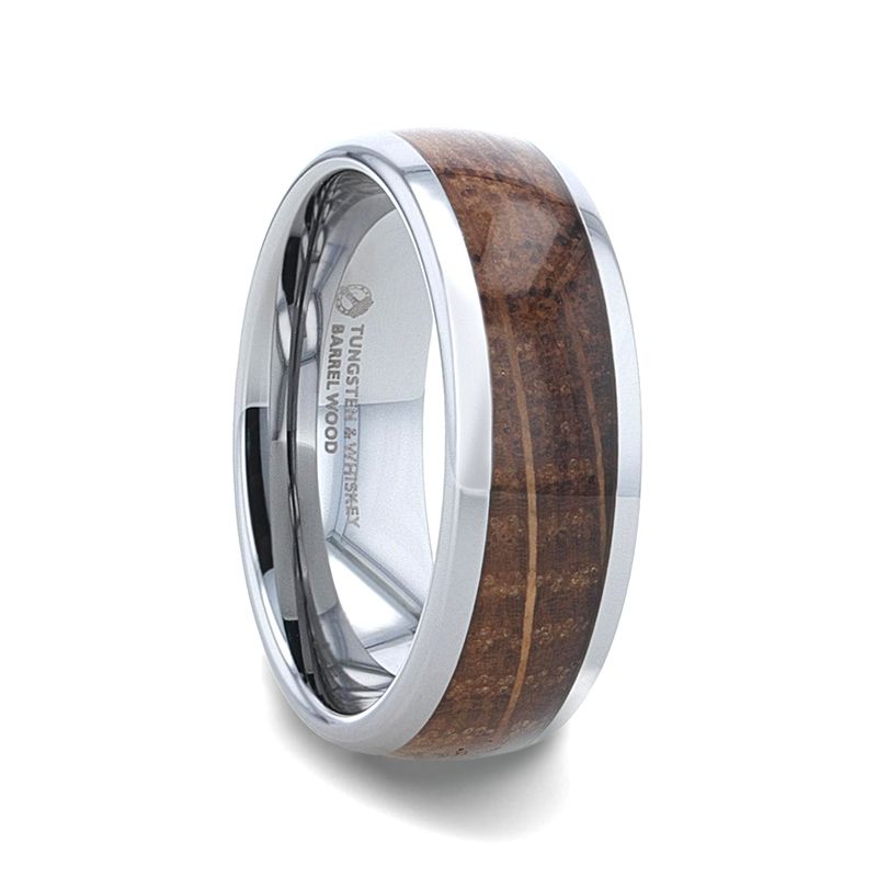 Whiskey Barrel Wood Inlaid Tungsten Men's Wedding Band With Domed Polished Edges Made From Genuine Whiskey Barrels - 8mm - FORMENT- Sparkle & Jade-SparkleAndJade.com 