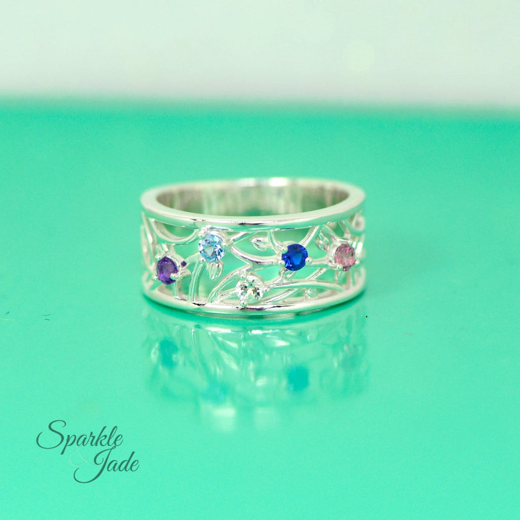 Wide Floral Branch Mother's Family Birthstone Ring- Sparkle & Jade-SparkleAndJade.com 