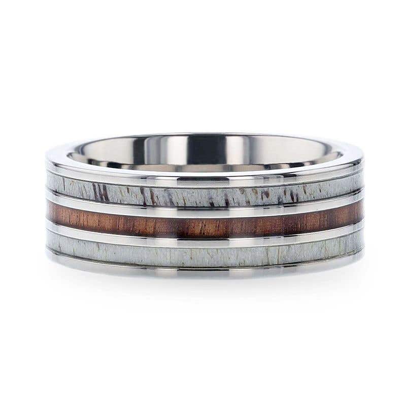 Wood Inlaid Titanium Flat Polished Finish Men's Wedding Ring With White Double Deer Antler Edges - 8mm - Tripoli- Sparkle & Jade-SparkleAndJade.com 