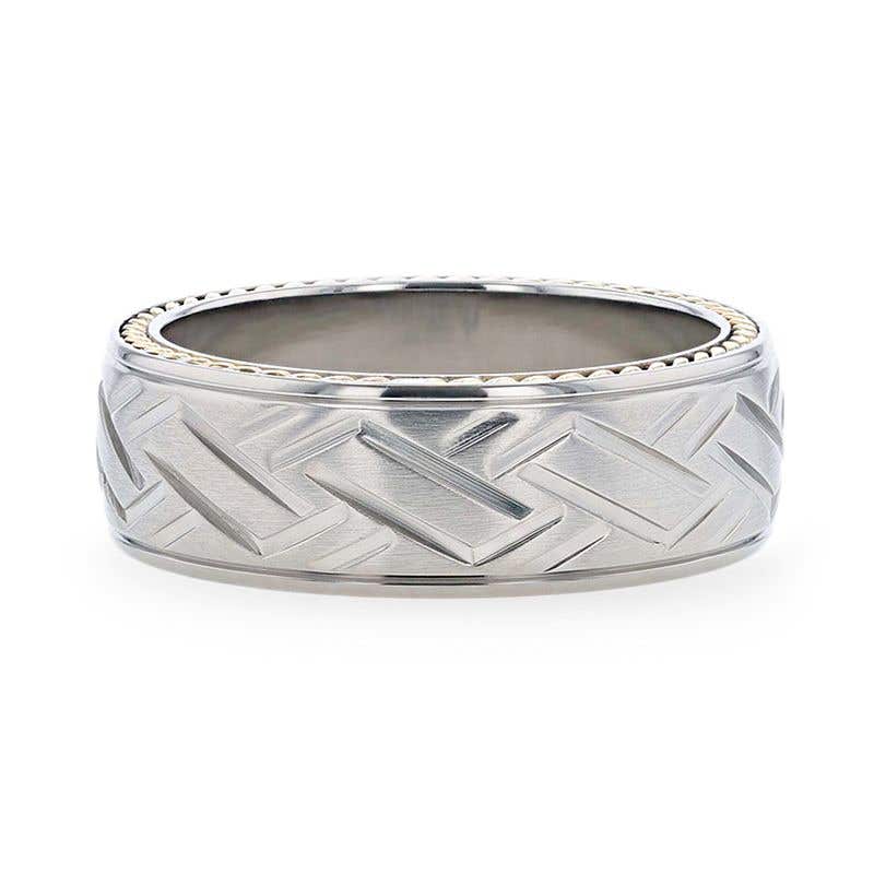 Woven Pattern Domed Titanium Men's Wedding Ring With Yellow Gold Braided Edges - 8mm - Saturn- Sparkle & Jade-SparkleAndJade.com 