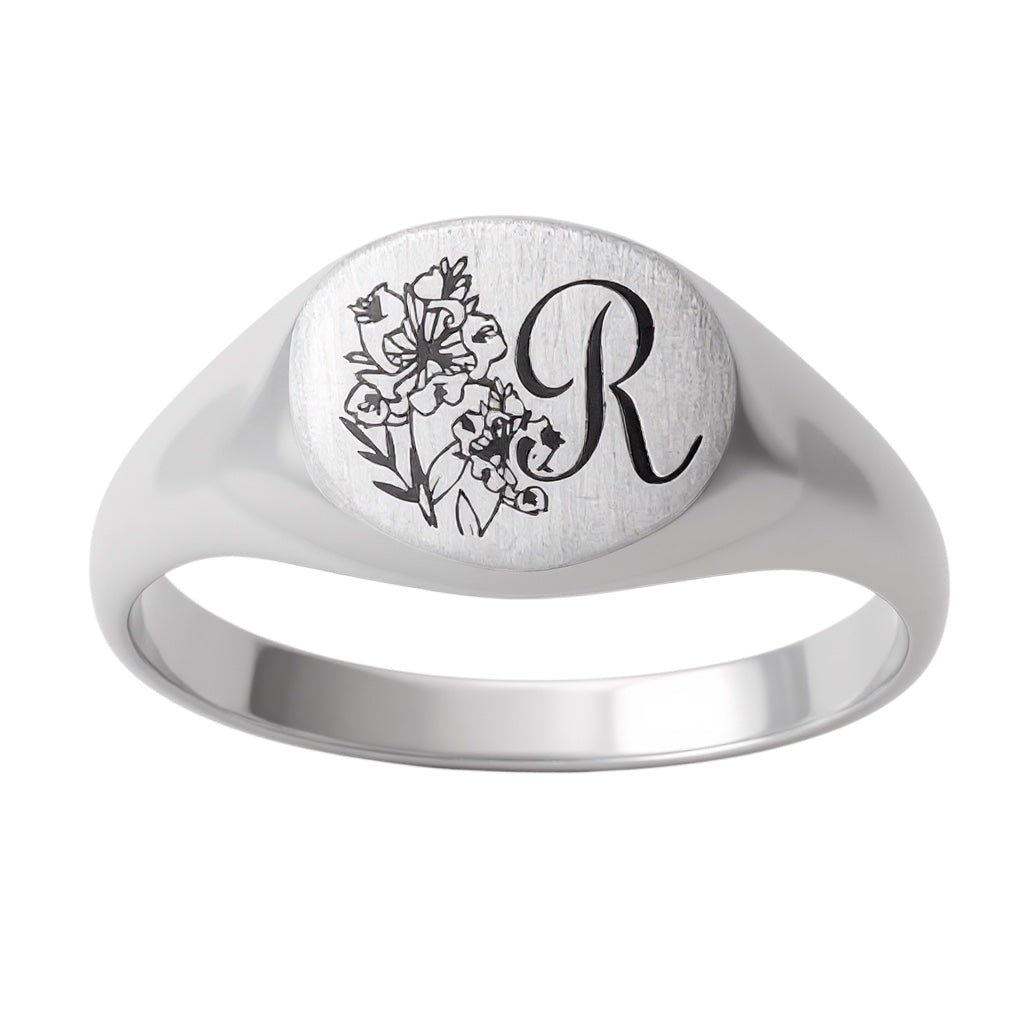 Sterling Silver Engraved Initial and Birth Flower Signet Ring- Sparkle & Jade-SparkleAndJade.com 