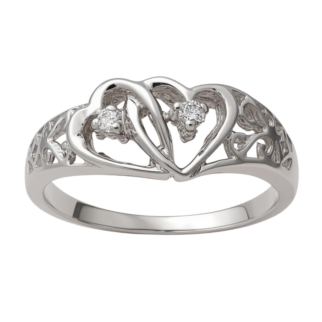 14k White Gold Diamond 2 Stone Filigree Double Heart Ring- Sparkle & Jade-SparkleAndJade.com 
