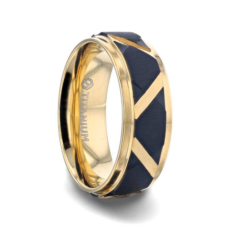 Yellow Gold Plated Flat Polished Step Edged Titanium Men's Wedding Band With Matte Black Raised Horizontal Etches and Gold-Plated Diagonal-Shape Cut Inlay - 8mm - Fleming- Sparkle & Jade-SparkleAndJade.com 