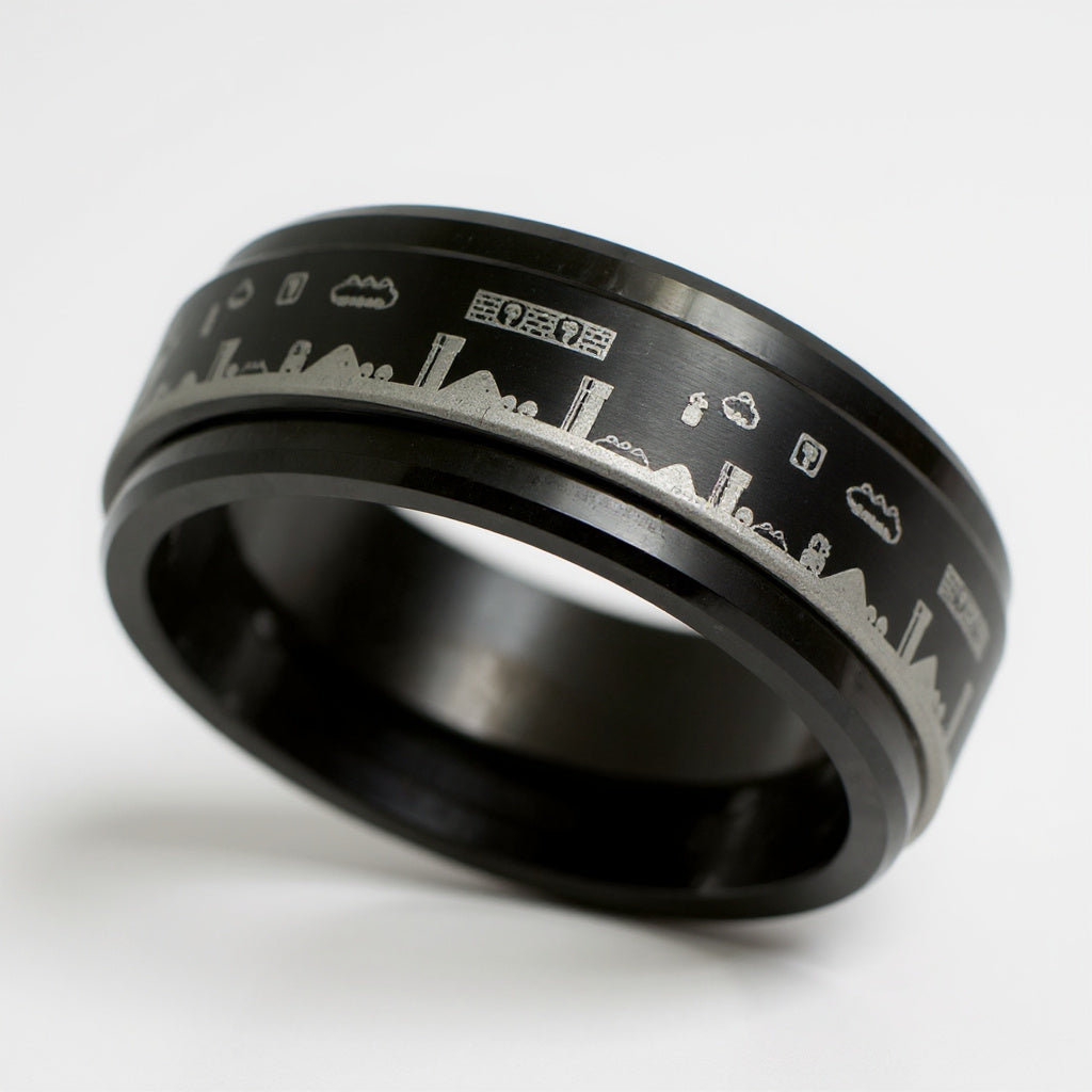 Thorsten Spinning Engraved Super Mario Bros Pixel Level Game Black Tungsten Carbide Spinner Band - 8mm- Sparkle & Jade-SparkleAndJade.com 