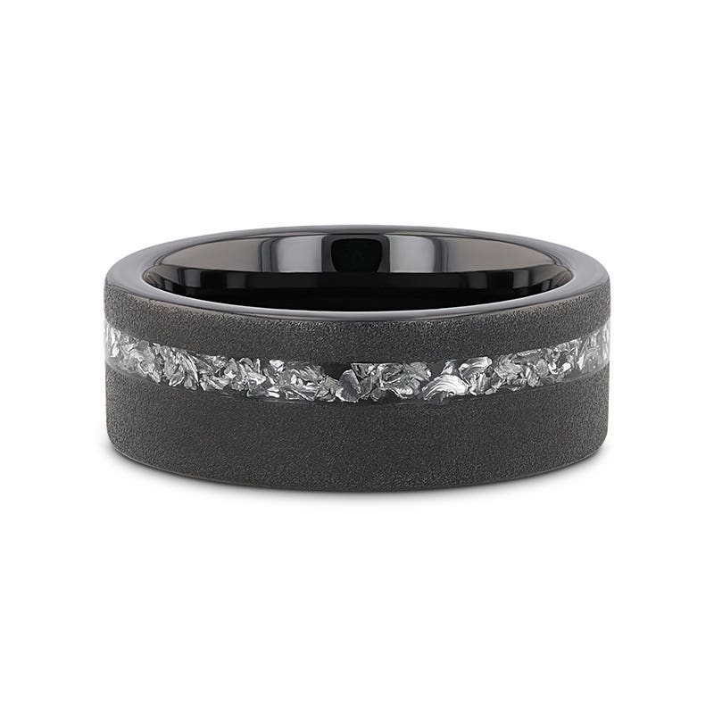 Sandblasted Black Tungsten Ring with Meteorite Fragments Inlay - 8mm - Abyss- Sparkle & Jade-SparkleAndJade.com 