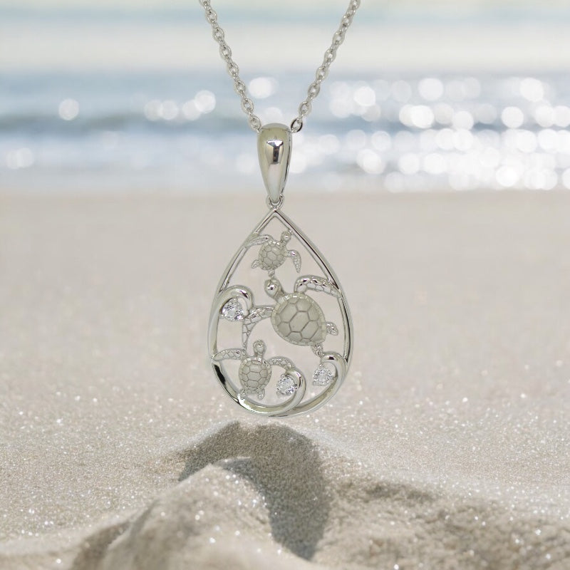 Sterling Silver Honu 3 Sea Turtle Water of Life Teardrop Pendant- Sparkle & Jade-SparkleAndJade.com 894-11-01