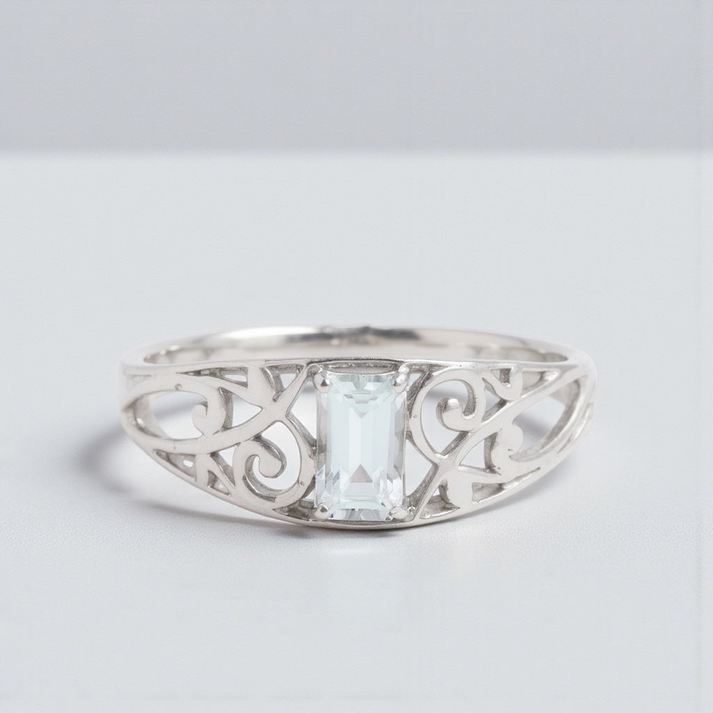 Sterling Silver Genuine Emerald Cut Gemstone Filigree Rings- Sparkle & Jade-SparkleAndJade.com 