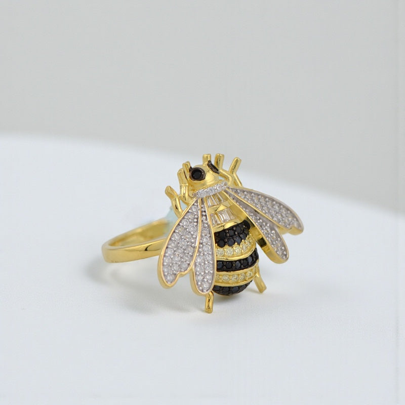 Sterling Silver Black and White Gold Plated CZ Bumblebee Bee Ring- Sparkle & Jade-SparkleAndJade.com 