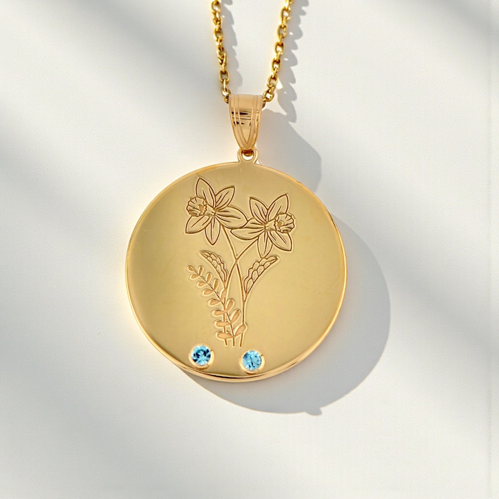 Circle Disc Pendant with Birth Flower and Birthstone- Sparkle & Jade-SparkleAndJade.com 