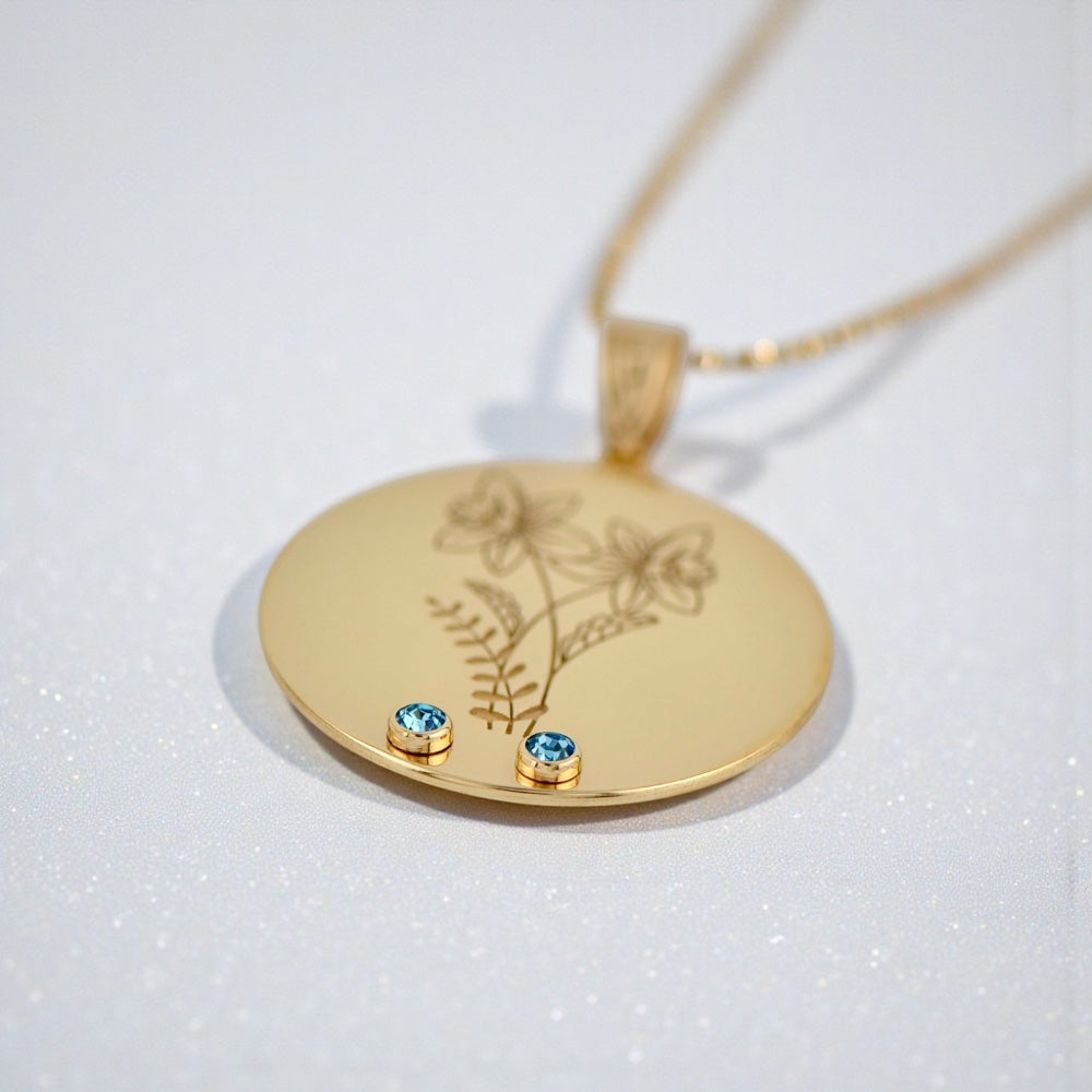 Circle Disc Pendant with Birth Flower and Birthstone- Sparkle & Jade-SparkleAndJade.com 