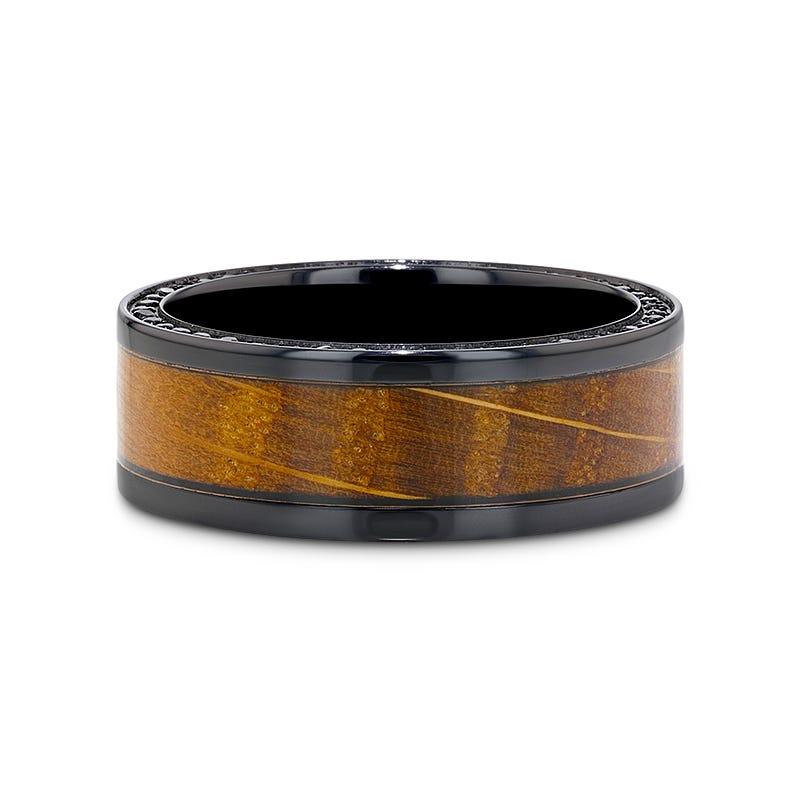 BOURBON Black Zirconium Ring with Whiskey Barrel Wood Inlay and Black Sapphires - 8mm- Sparkle & Jade-SparkleAndJade.com 