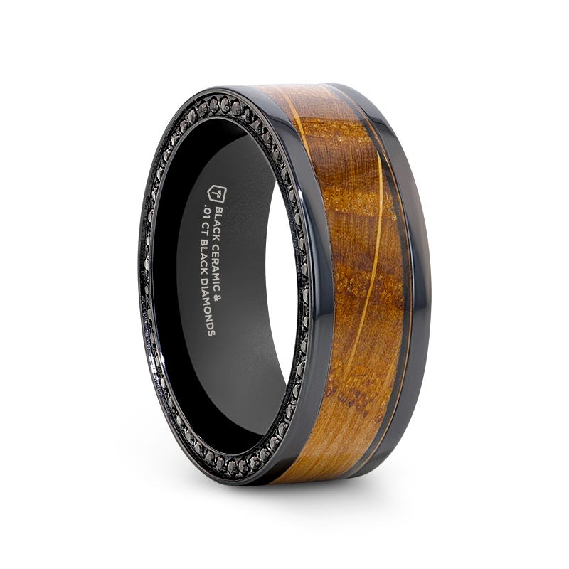 BOURBON Black Zirconium Ring with Whiskey Barrel Wood Inlay and Black Sapphires - 8mm- Sparkle & Jade-SparkleAndJade.com 