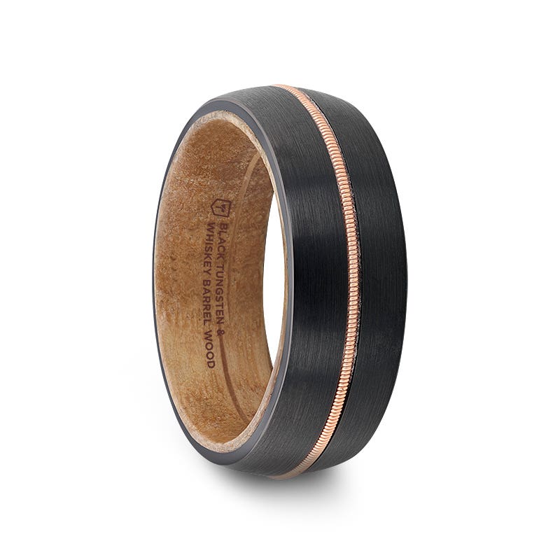 Black Tungsten Ring with Brass Guitar String and Whiskey Barrel