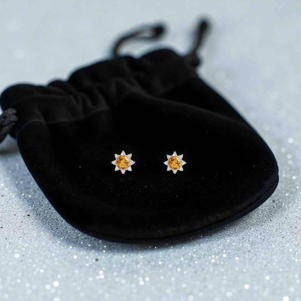 Sterling Silver Round Citrine and White Topaz Halo Post Earrings- Sparkle & Jade-SparkleAndJade.com 