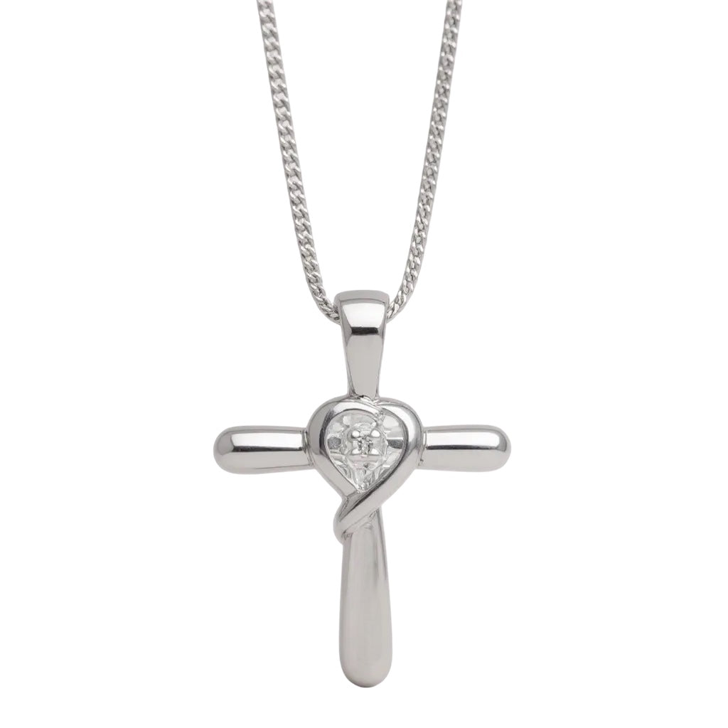 Sterling Silver Cross with Heart CZ Extra Length 20" Curb Chain Necklace- Sparkle & Jade-SparkleAndJade.com 