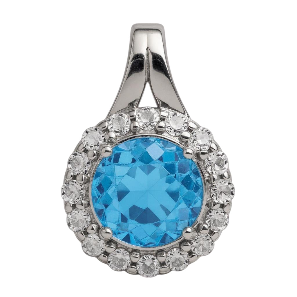 Sterling Silver White Topaz & Light Swiss Blue Topaz Circle Halo Pendant- Sparkle & Jade-SparkleAndJade.com 