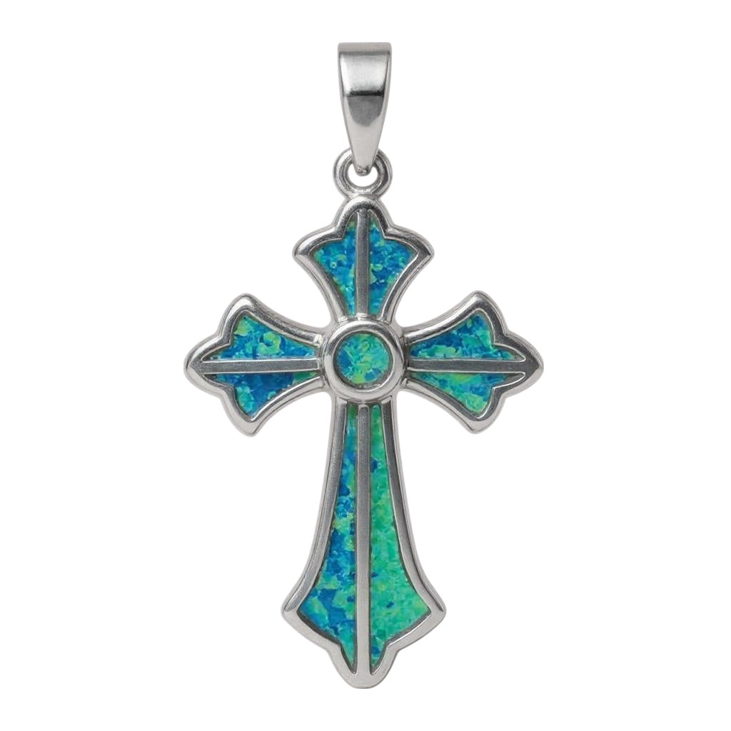Sterling Silver Blue Inlay Created Opal Cross Pendant- Sparkle & Jade-SparkleAndJade.com 