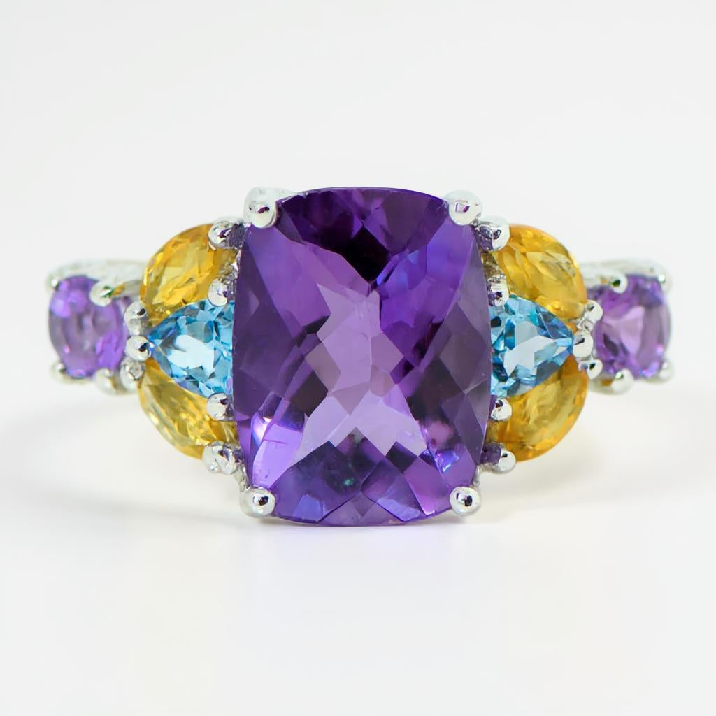 Sterling Silver Cushion Amethyst, Blue Topaz And Citrine Ring- Sparkle & Jade-SparkleAndJade.com 