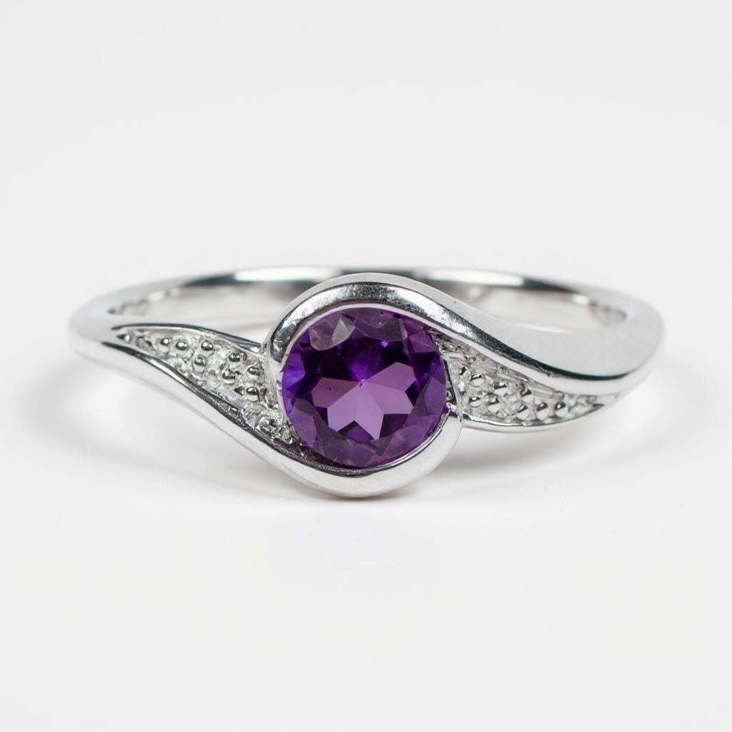 Sterling Silver Round Amethyst and Diamond Ring- Sparkle & Jade-SparkleAndJade.com 