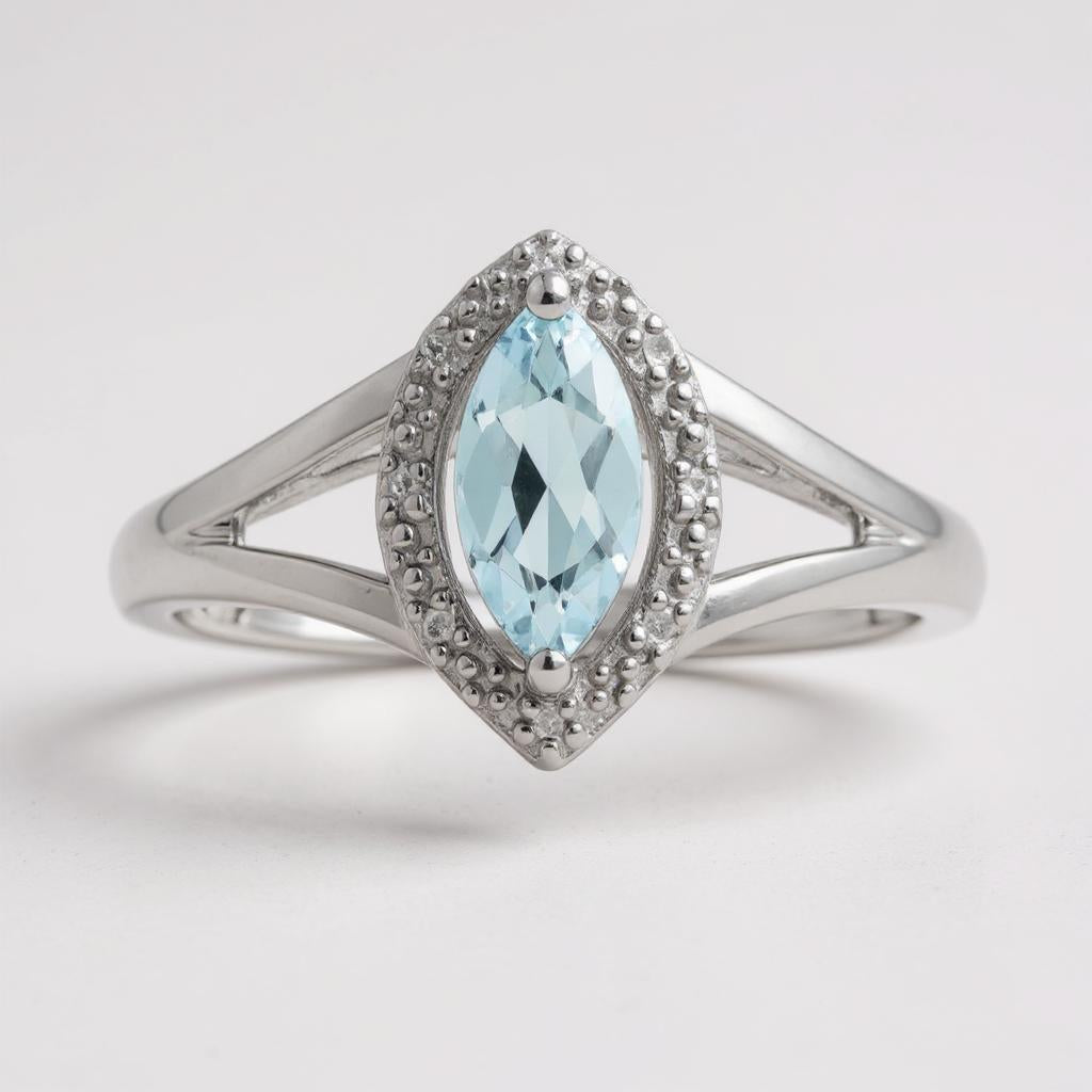 Sterling Silver Diamond and Aquamarine Marquise Ring- Sparkle & Jade-SparkleAndJade.com 
