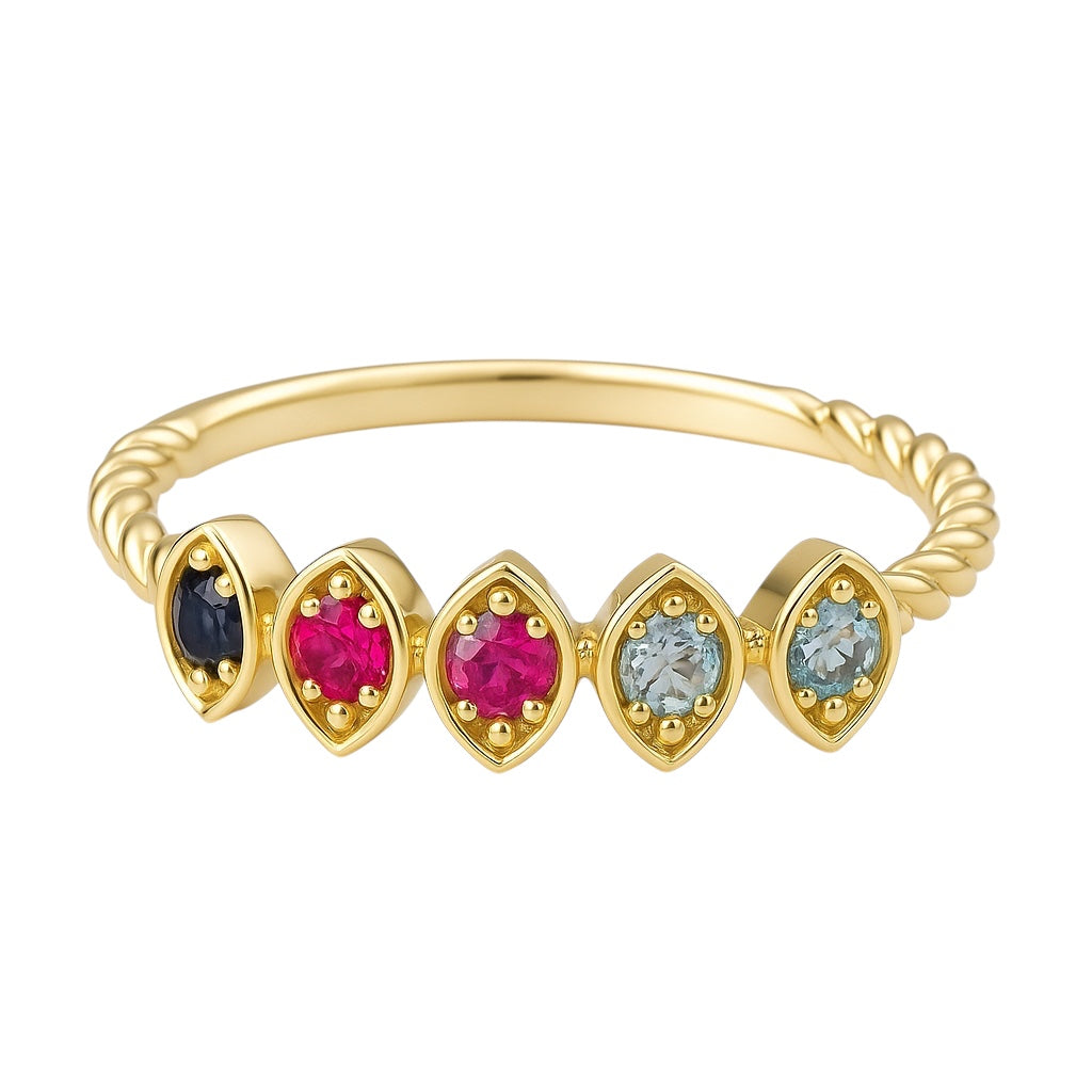 14k Gold Marquise Shaped 2mm Round Stone Mother's Family Ring- Sparkle & Jade-SparkleAndJade.com 